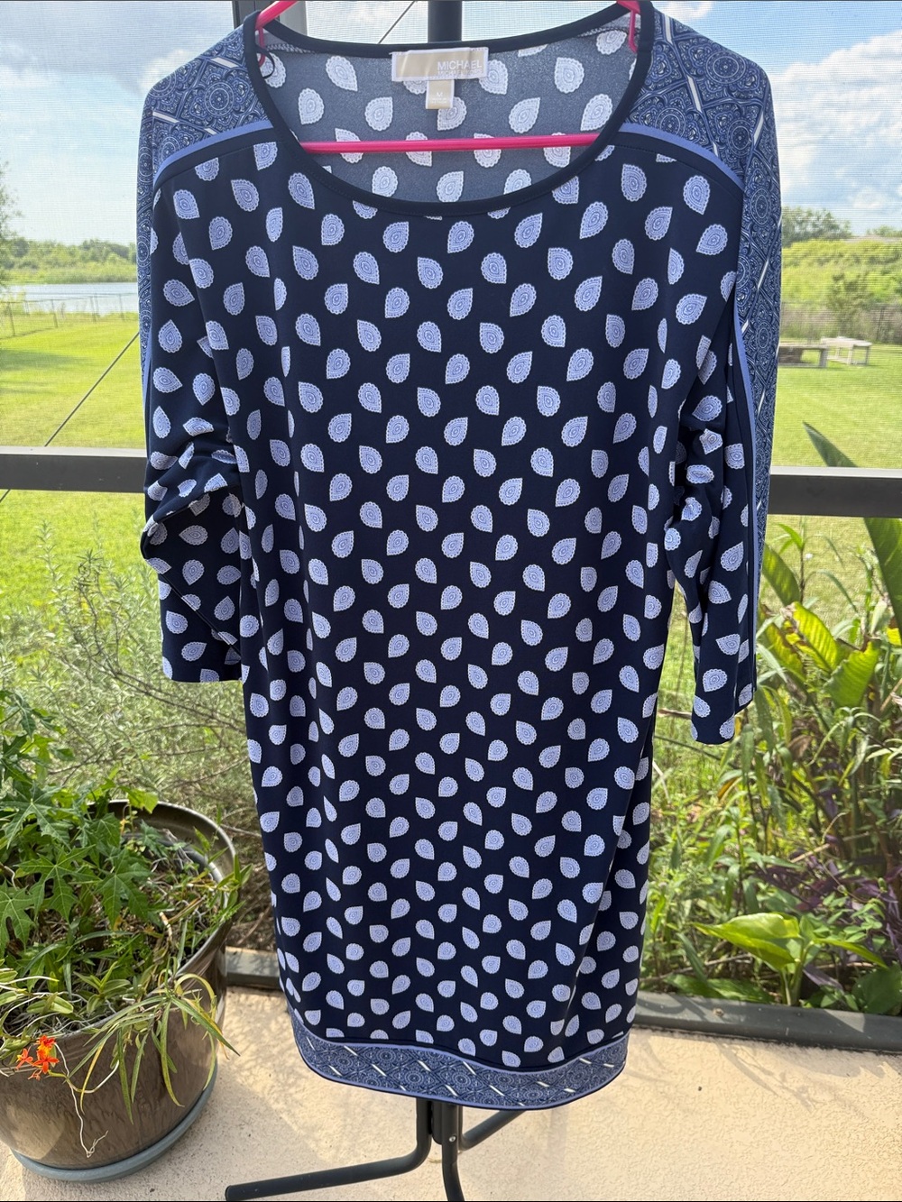 Michael Kors Navy and White Long Sleeve Paisley-Trim Dress